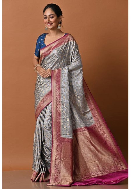 Grey Color Contrast Soft Banarasi Gajji Silk Saree (She Saree 2160)