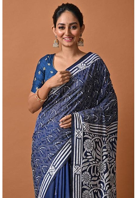 Deep Blue Color Designer Kantha Stitch Silk Saree (She Saree 2161)