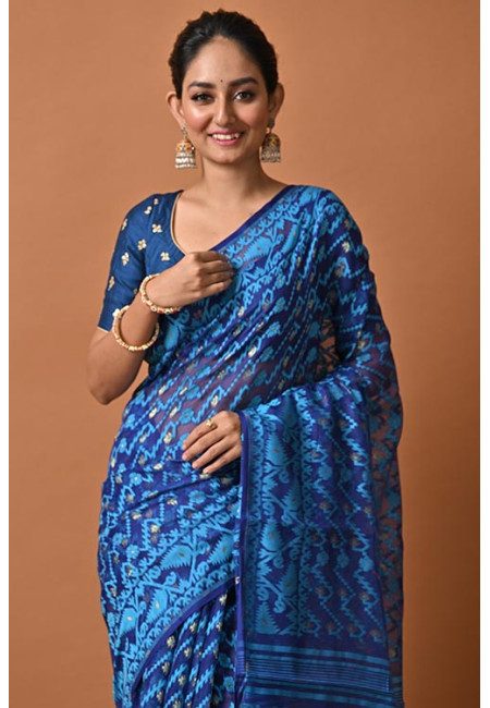 Deep Blue Color Soft Dhakai Jamdani Saree (She Saree 2162)