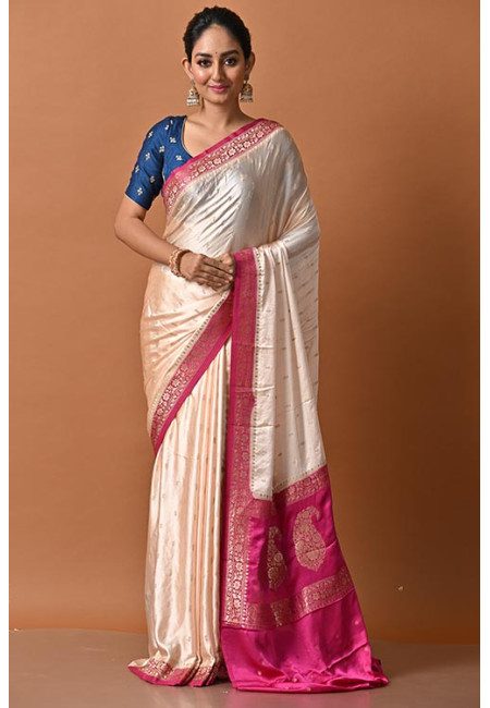 Light Beige Color Contrast Soft Banarasi Gajji Silk Saree (She Saree 2163)