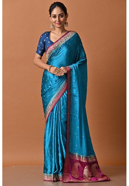 Turquoise Blue Color Contrast Soft Banarasi Gajji Silk Saree (She Saree 2166)