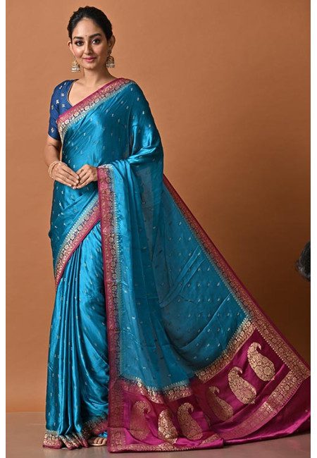 Turquoise Blue Color Contrast Soft Banarasi Gajji Silk Saree (She Saree 2166)