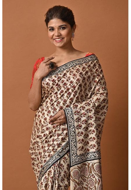 Beige Color Kalamkari Printed Soft Modal Silk Saree (She Saree 2188)