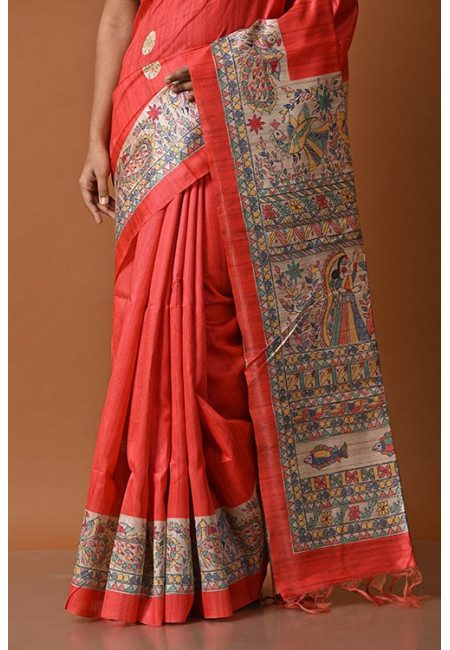 Strawberry Red Color Printed Tussar Silk Saree (She Saree 2190)