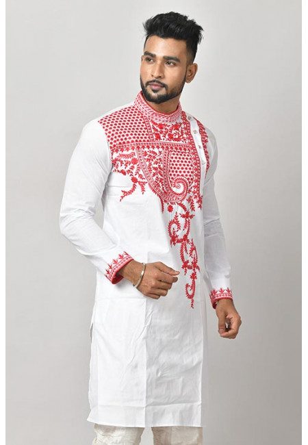 White Color Embroidered Handloom Coton Punjabi (She Punjabi 607)