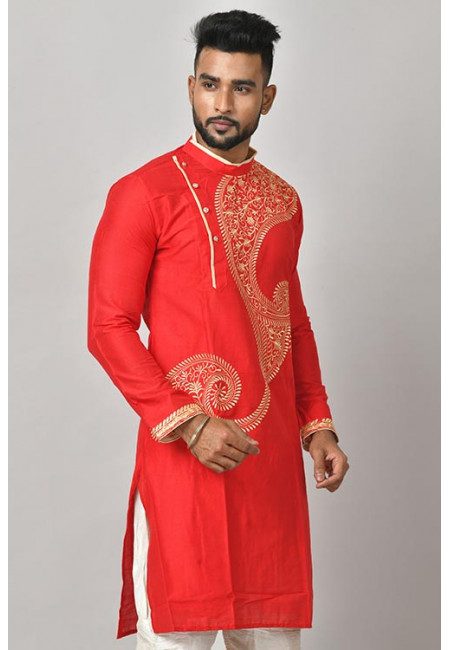 Red Color Embroidered Raw Silk Punjabi (She Punjabi 618)