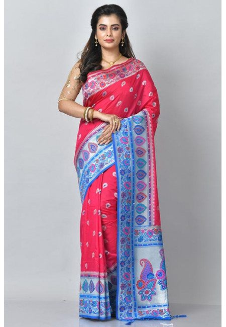 Deep Fuchsia Pink Color Contrast Manipuri Silk Saree (She Saree 1116)