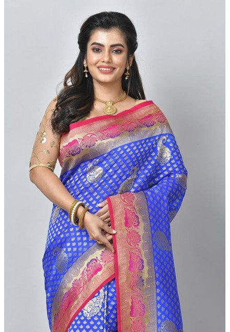 Royal Blue Color Contrast Semi Katan Silk Saree (She Saree 1118)