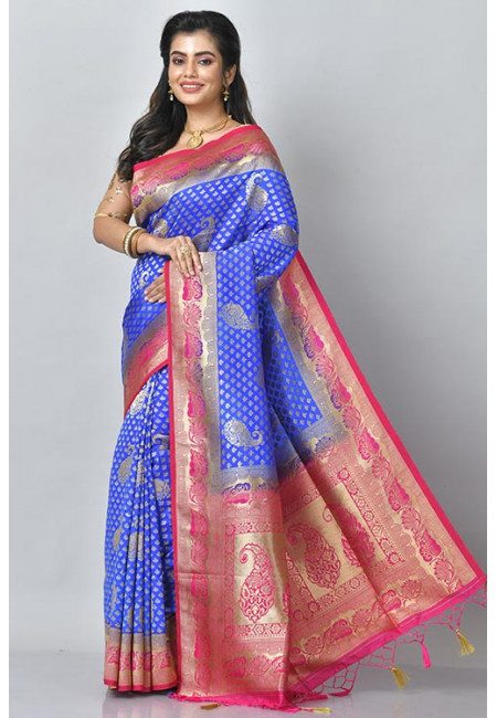 Royal Blue Color Contrast Semi Katan Silk Saree (She Saree 1118)