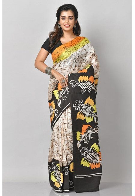 Light Beige Color Batik Printed Pure Silk Saree (She Saree 1161)