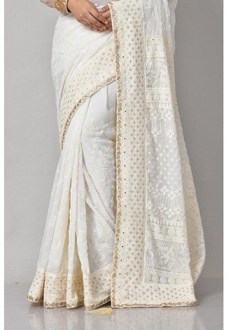 Off White Color Embroidered Designer Chiffon Saree (She Saree 1179)