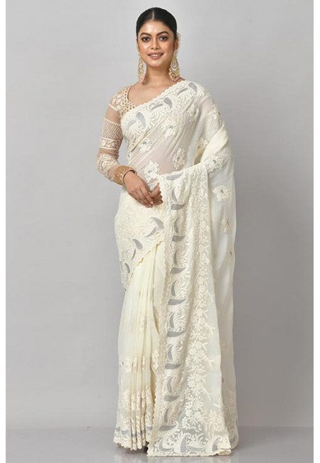 Off White Color Embroidered Designer Chiffon Saree (She Saree 1182)
