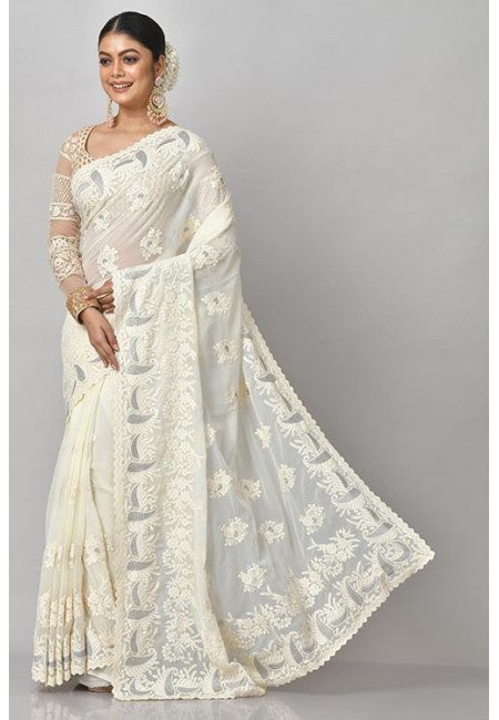 Off White Color Embroidered Designer Chiffon Saree (She Saree 1182)