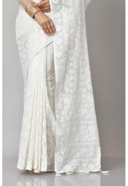 Off White Color Embroidered Designer Chiffon Saree (She Saree 1183)