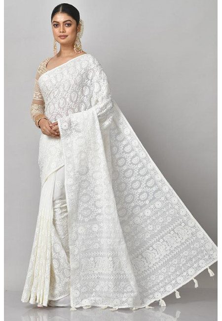Off White Color Embroidered Designer Chiffon Saree (She Saree 1183)