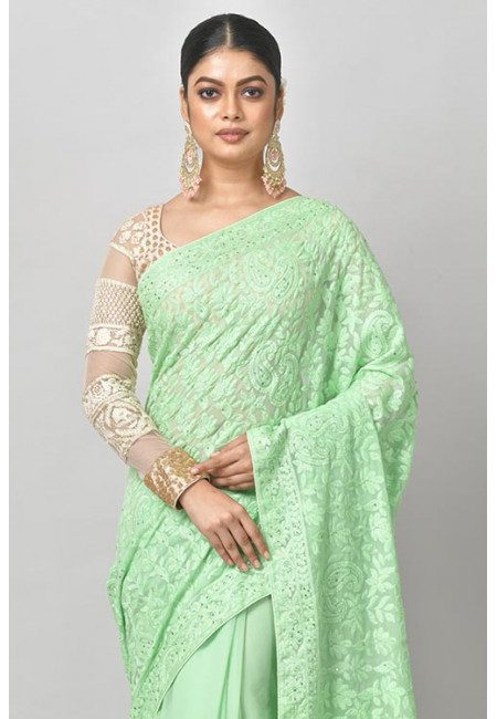 Light Green Color Embroidered Designer Chiffon Saree (She Saree 1185)