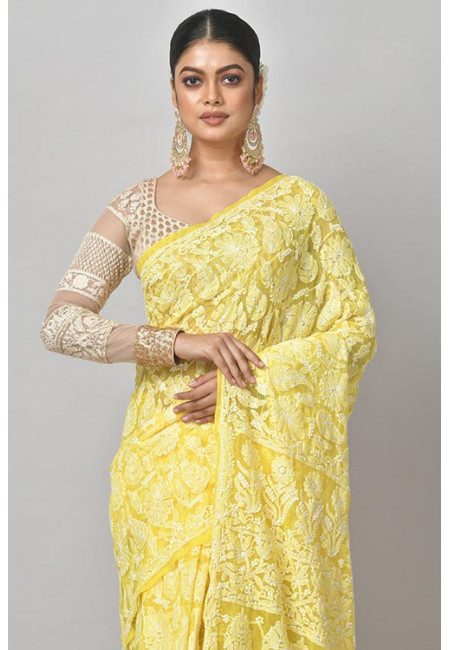Light Yellow Color Pure Embroidered Lucknow Chikon Saree (She Saree 1187)