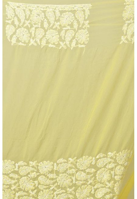 Light Yellow Color Pure Embroidered Lucknow Chikon Saree (She Saree 1187)
