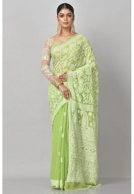 Olive Green Color Pure Embroidered Lucknow Chikon Saree (She Saree 1188)