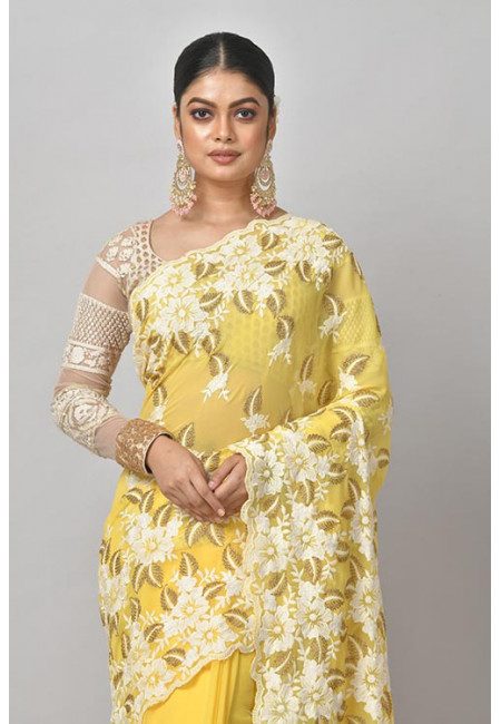 Yellow Color Embroidered Designer Chiffon Saree (She Saree 1189)