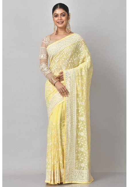 Light Yellow Color Embroidered Designer Chiffon Saree (She Saree 1192)