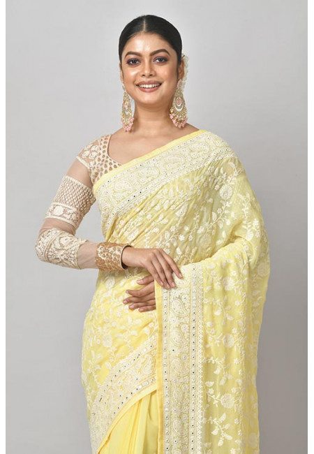 Light Yellow Color Embroidered Designer Chiffon Saree (She Saree 1192)