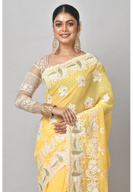 Yellow Color Embroidered Designer Chiffon Saree (She Saree 1194)