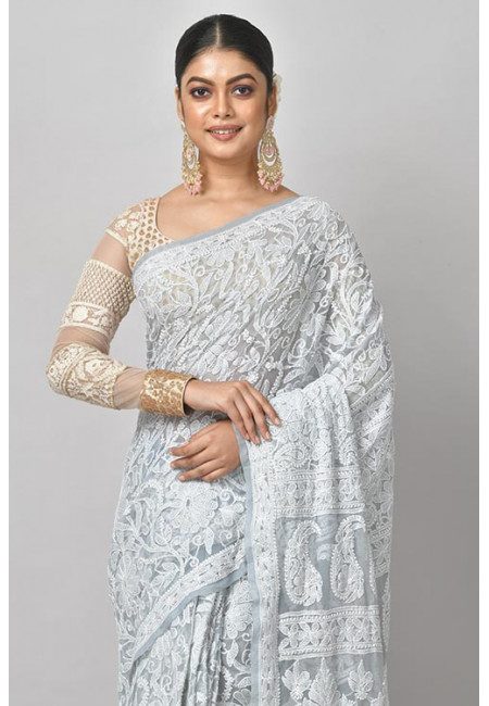 Grey Color Pure Embroidered Lucknow Chikon Saree (She Saree 1195)
