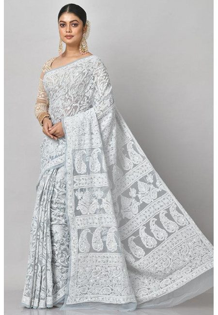 Grey Color Pure Embroidered Lucknow Chikon Saree (She Saree 1195)