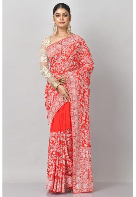 Red Color Embroidered Designer Chiffon Saree (She Saree 1199)