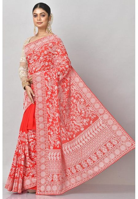 Red Color Embroidered Designer Chiffon Saree (She Saree 1199)
