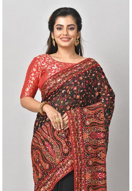 Black Color Embroidered Designer Chiffon Saree (She Saree 1201)