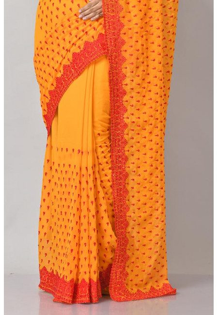 Mustard Color Embroidered Designer Chiffon Saree (She Saree 1202)