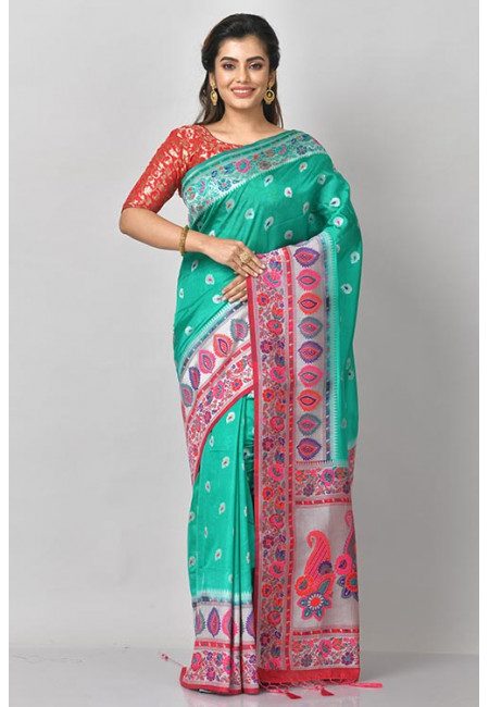 Sea Green Color Contrast Manipuri Silk Saree (She Saree 1209)