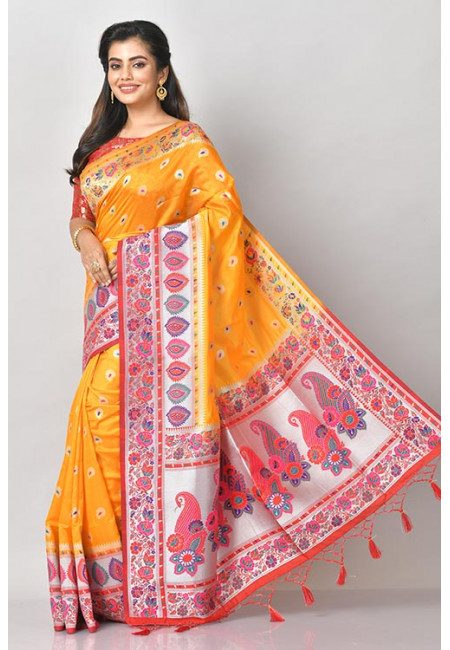 Golden Yellow Color Contrast Manipuri Silk Saree (She Saree 1215)