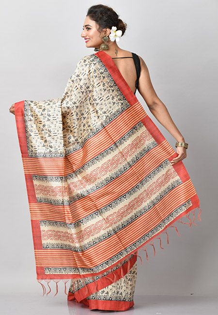 Beige Color Contrast Printed Tussar Silk Saree (She Saree 781)