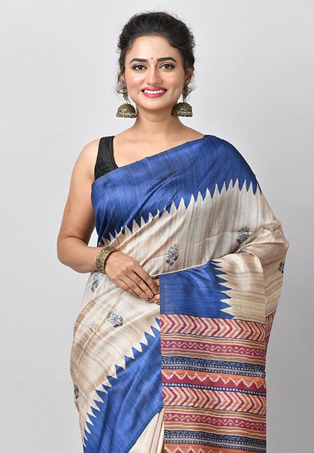 Beige Color Contrast Printed Tussar Silk Saree (She Saree 782)