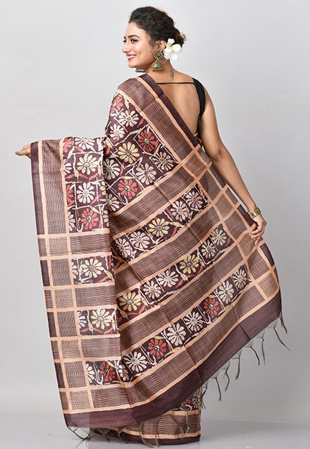 Brown And Beige Color Printed Tussar Silk Saree (She Saree 783)