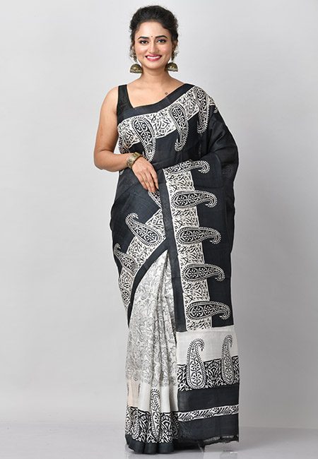 Black And Off White Color Printed Pure Silk Saree (She Saree 786)