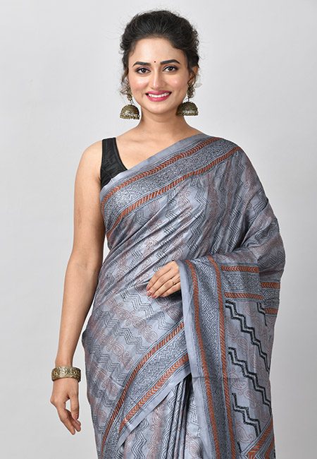 Steel Grey Color Pure Tussar Silk Kantha Stitch Saree (She Saree 793)