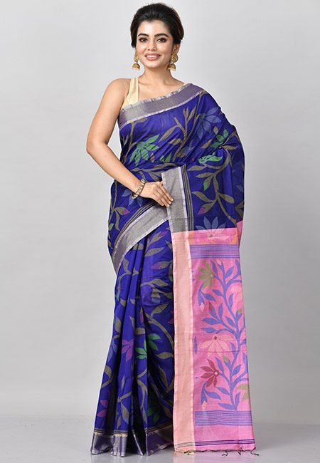 Deep Royal Blue Color Madhabilata Handloom Cotton Saree (She Saree 801)