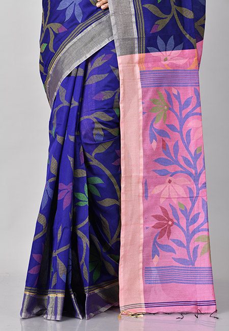 Deep Royal Blue Color Madhabilata Handloom Cotton Saree (She Saree 801)