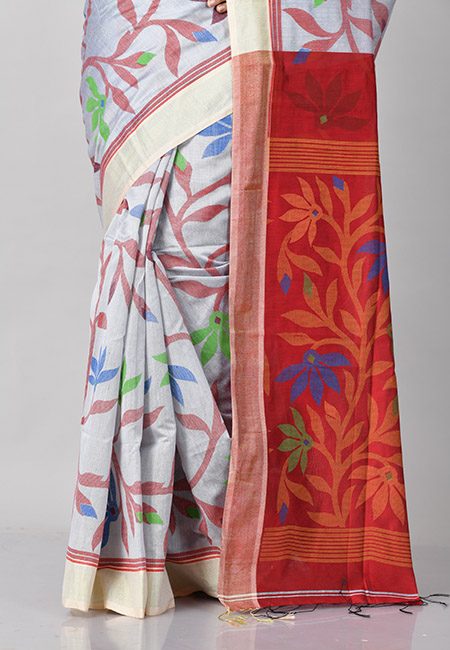 Light Grey Color Madhabilata Handloom Cotton Saree (She Saree 802)