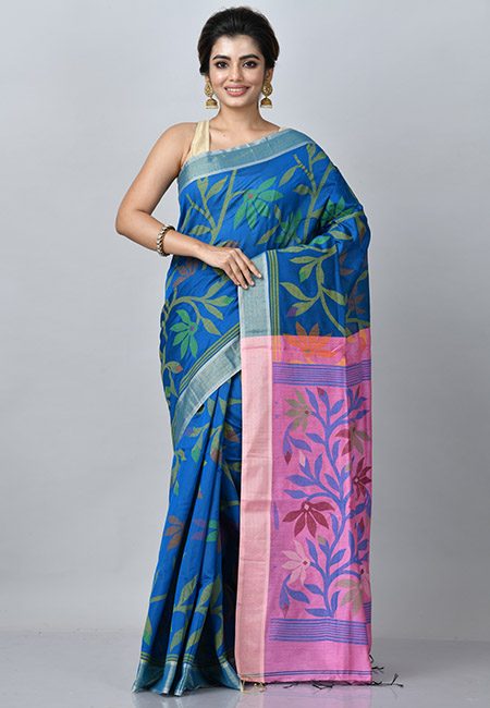 Deep Peacock Blue Color Madhabilata Handloom Cotton Saree (She Saree 803)