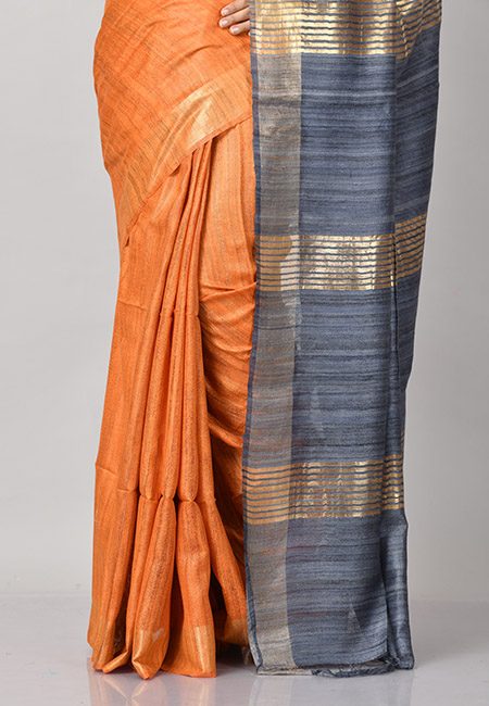 Deep Orange Color Contrast Pure Gicha Silk Saree (She Saree 807)