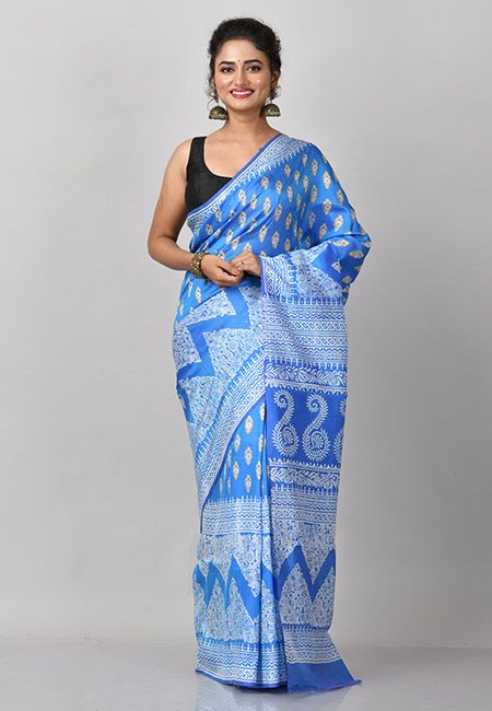 Peacock Blue Color Printed Soft Pure Bishnupuri Silk Saree (She Saree 832)