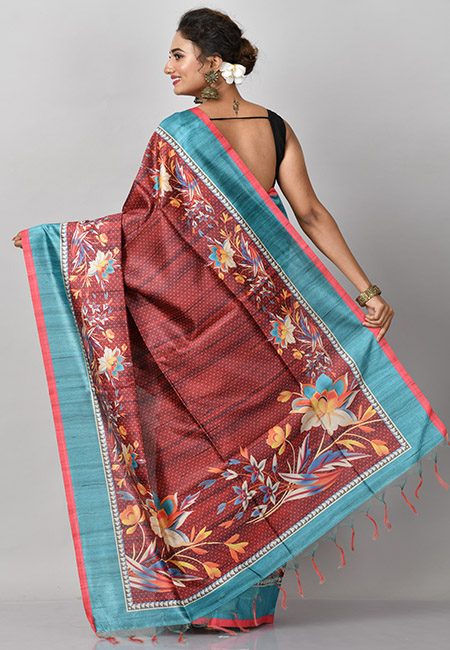 Deep Maroon Color Printed Tussar Silk Saree (She Saree 838)
