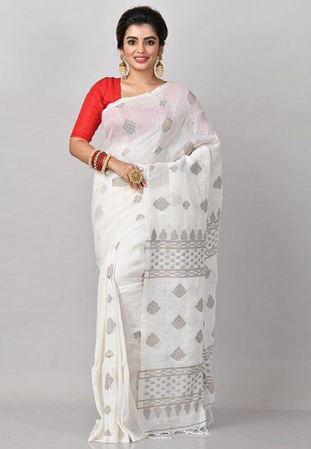 Off White Color Linen Banarasi Cotton Saree (She Saree 856)