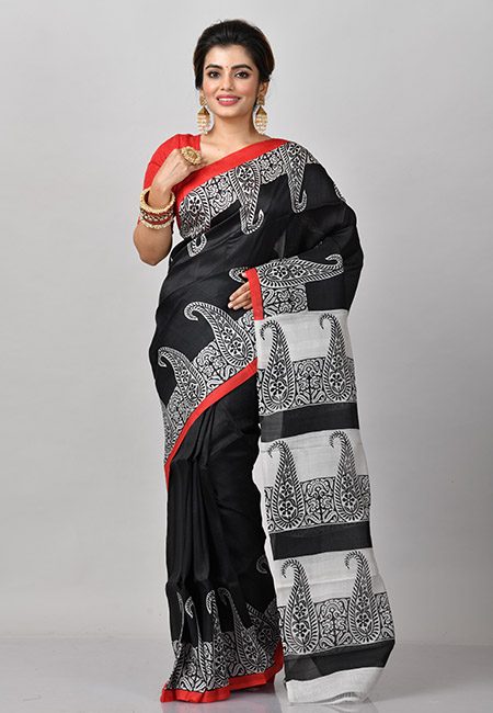 Black Color Printed Soft Pure Silk Saree (She Saree 858)