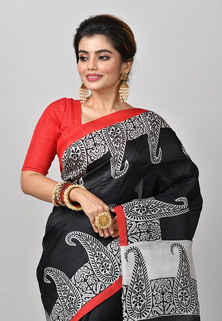 Black Color Printed Soft Pure Silk Saree (She Saree 858)